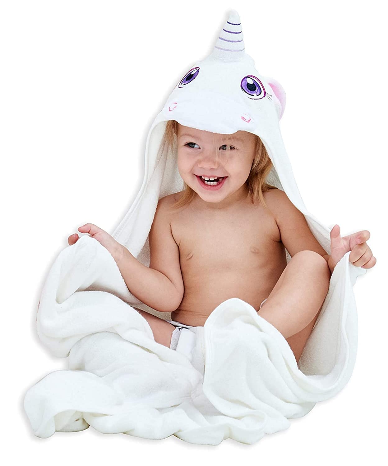HIPHOP PANDA hooded towel with bear ears provides cozy newborn post-bath snuggles.
