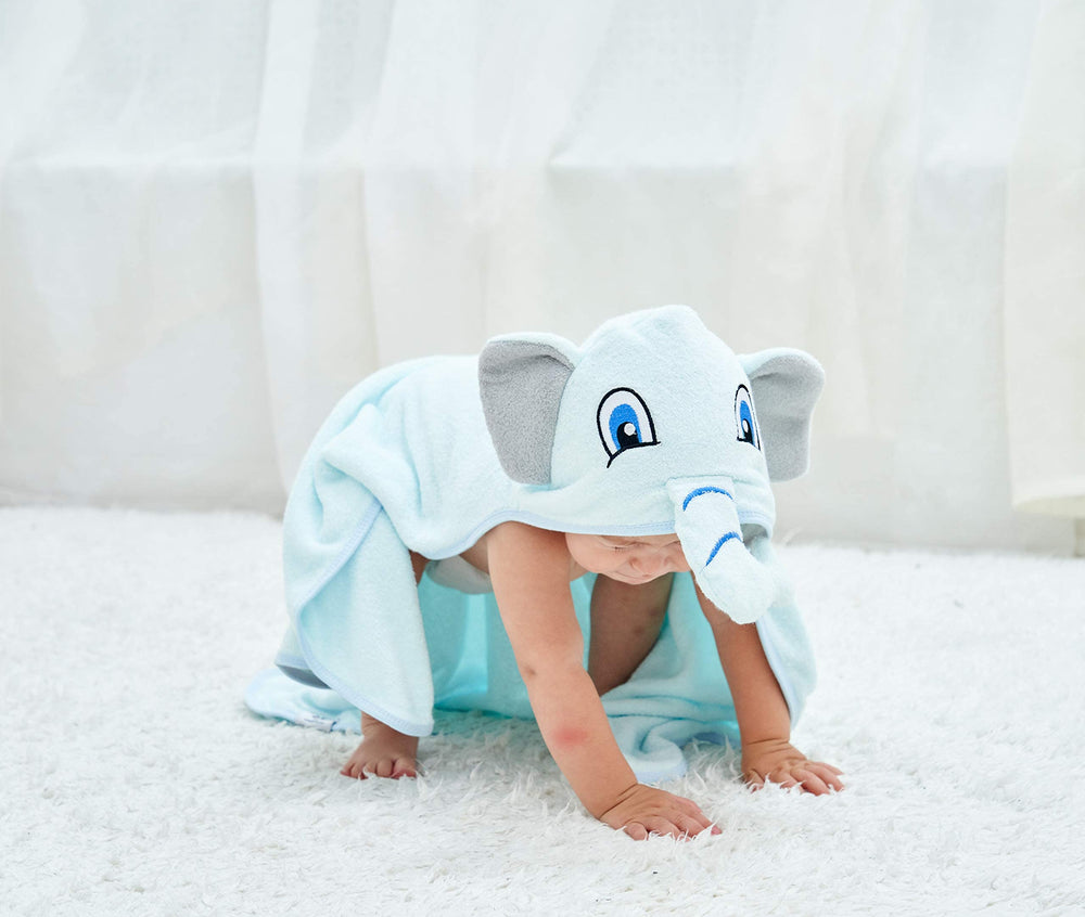 HIPHOP PANDA hooded towel blue elephant swaddle use suggests versatile post-bath comfort.