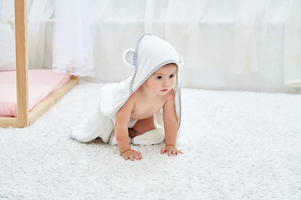 HipHop Panda hooded towel versatile-use-swaddle demonstrates multi-purpose post-bath use.