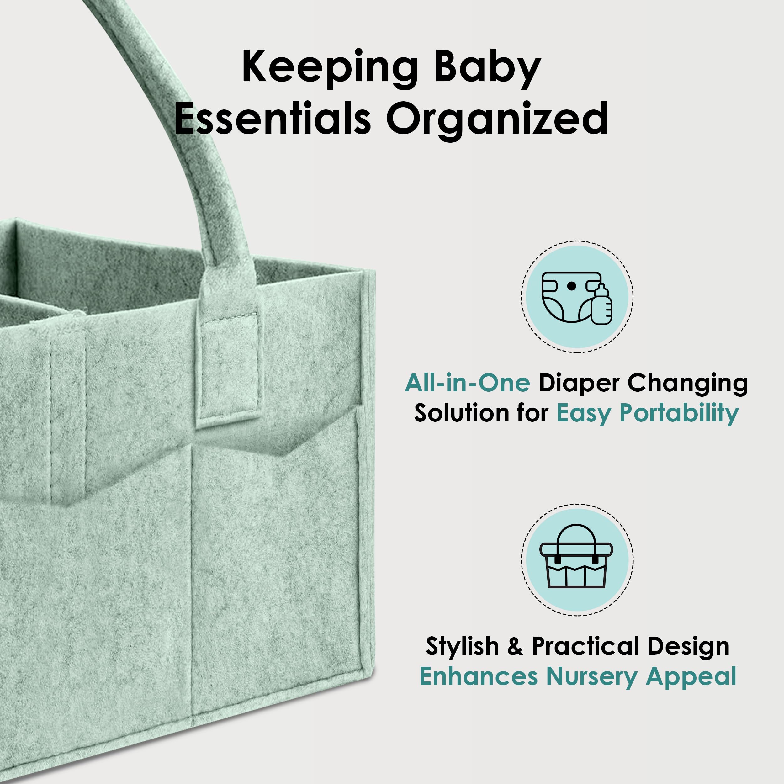 HIPHOP PANDA nursery storage setup showing two caddies in grey and green.