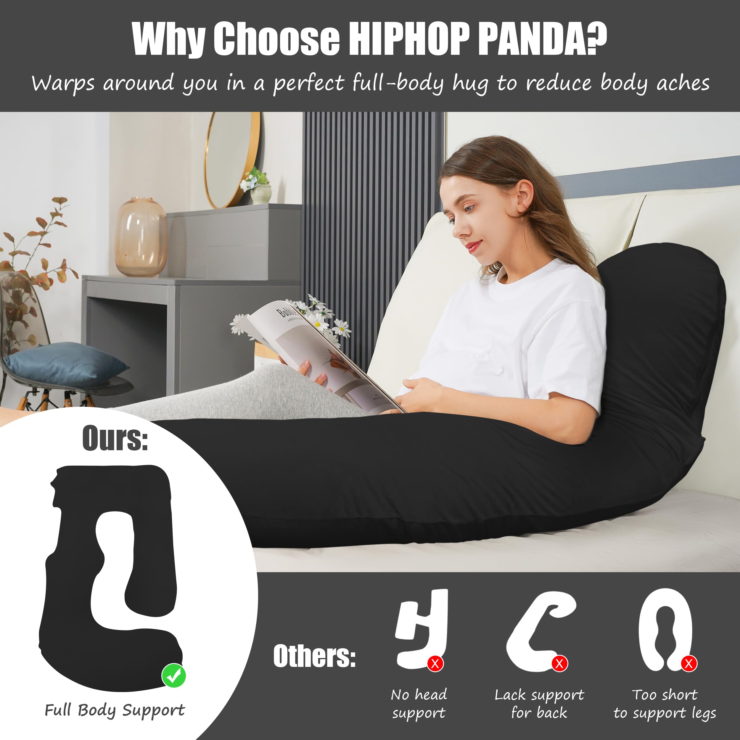 HIPHOP PANDA 57-inch pillow fits most beds for versatile positioning