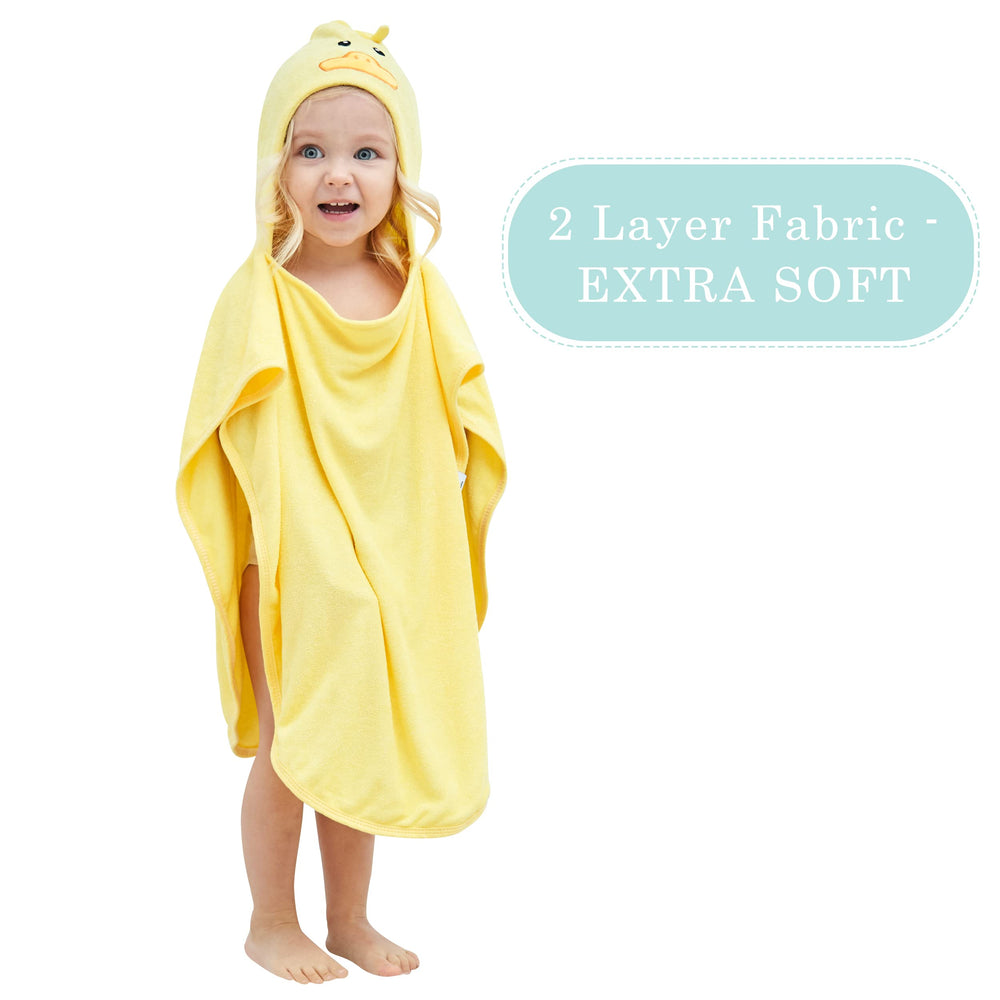 HIPHOP PANDA yellow duck towel design supports fun bath time and care.