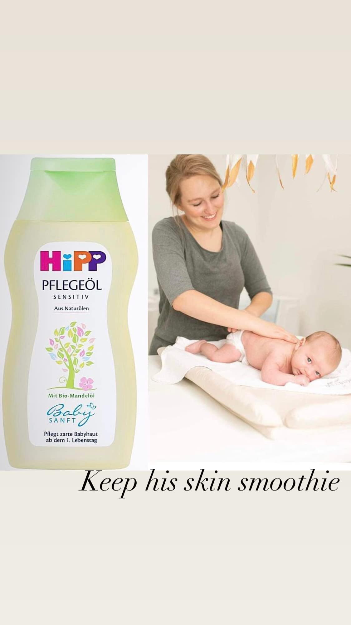 Hipp Baby Body Oil texture close-up highlights smooth absorption.