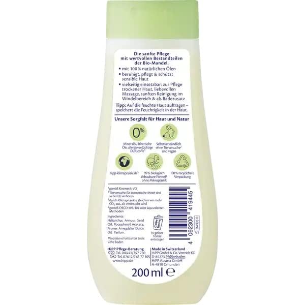 Hipp Baby Body Oil applied to a skin swatch to show gentle use.