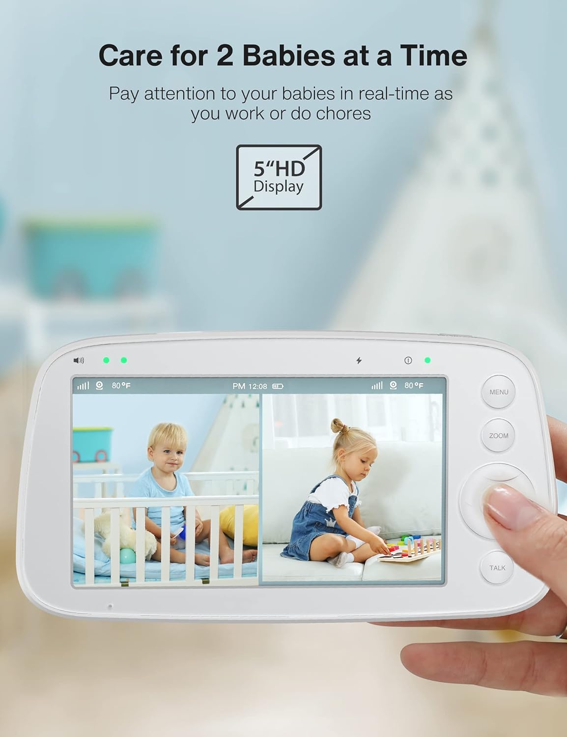 HiPP monitor split-view shows two rooms at once for safer routine monitoring.
