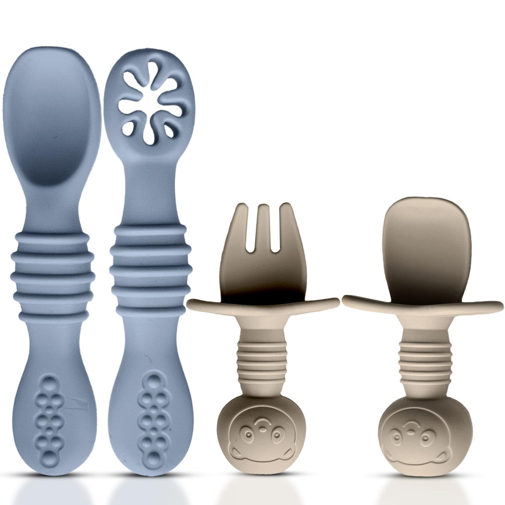 HippoBaby 4pc silicone spoons and fork set displayed in neutral tones for easy self-feeding.