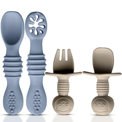 HippoBaby 4pc silicone spoons and fork set displayed in neutral tones for easy self-feeding.