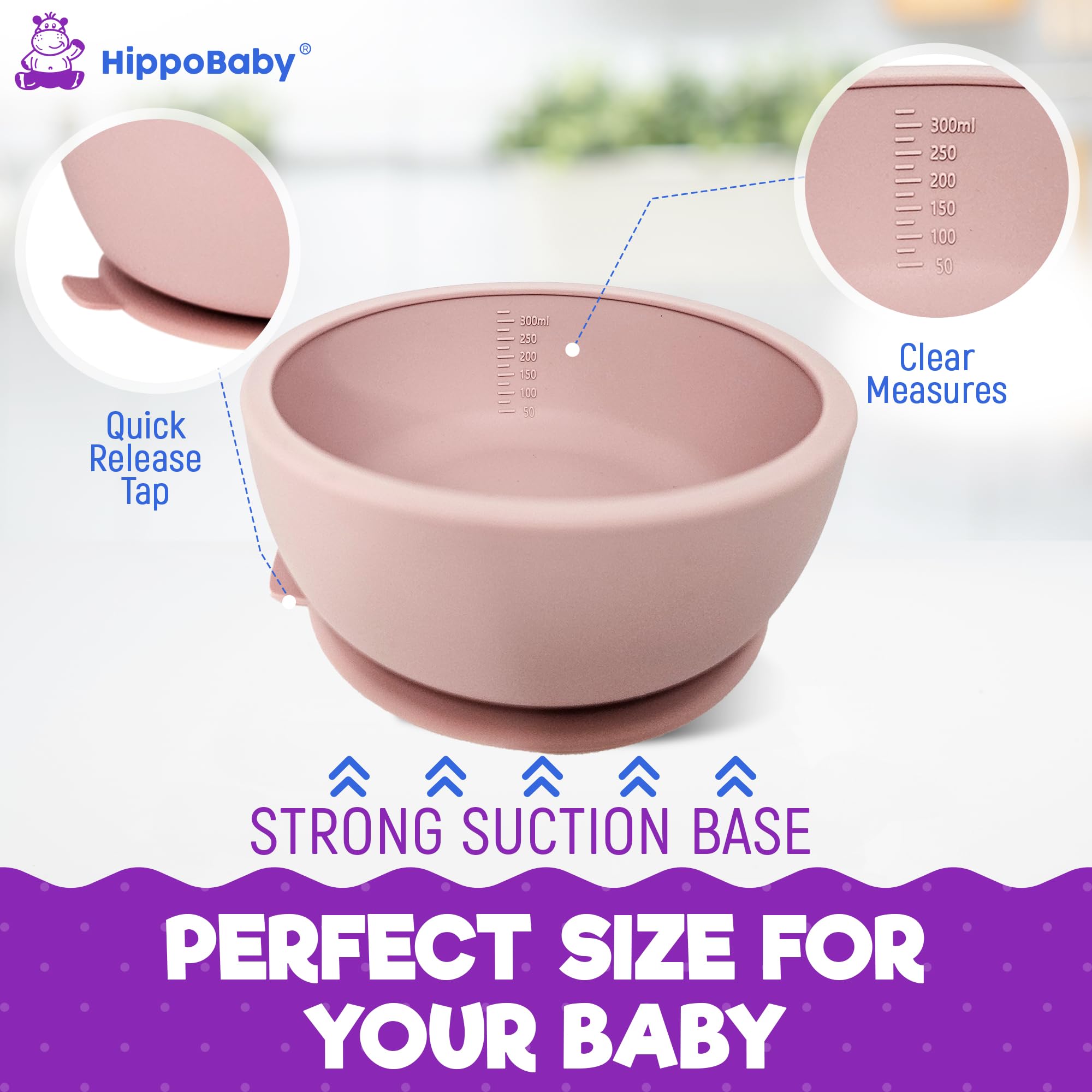 HippoBaby bib rose with broad pocket helps catch spills during feeding.