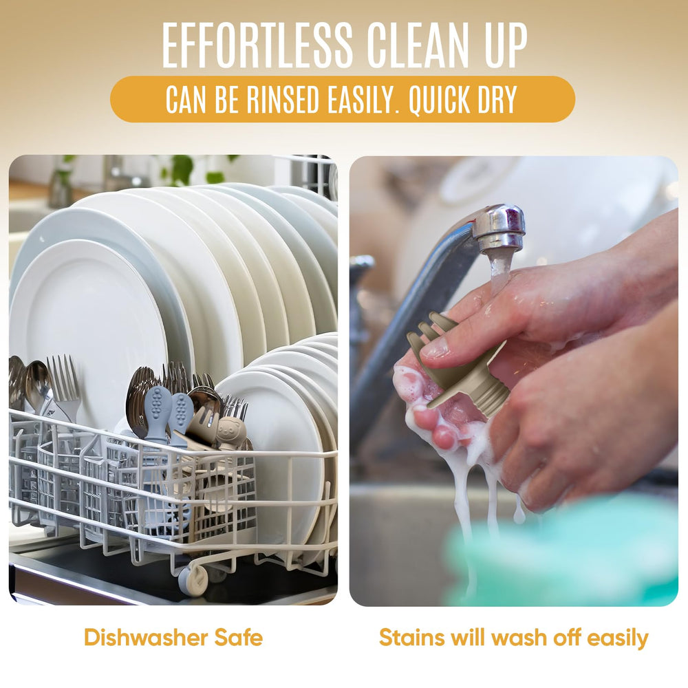 HippoBaby silicone spoons are dishwasher-safe for quick, convenient cleanup.
