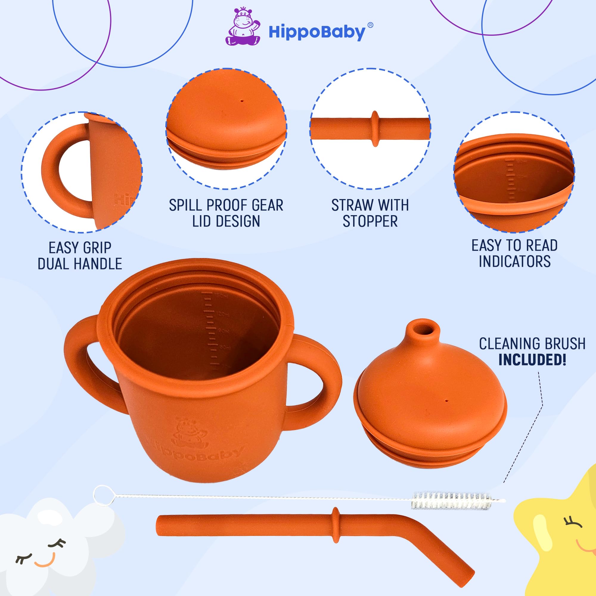 HippoBaby silicone sippy cup with straw 5oz, curved straw supports early oral posture.