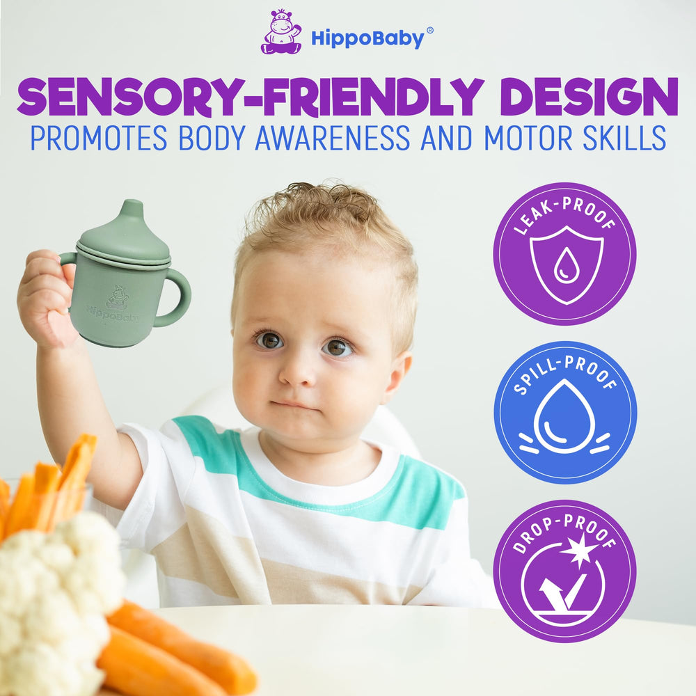 HippoBaby sippy cups with lids, versatile for on-the-go feeding and mess reduction.