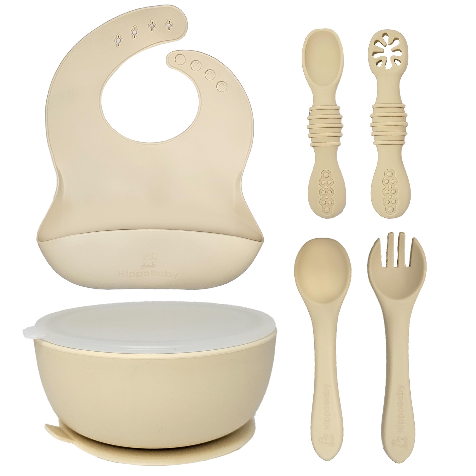 HippoBaby suction bowl with lid on tray enables spill-free meals.