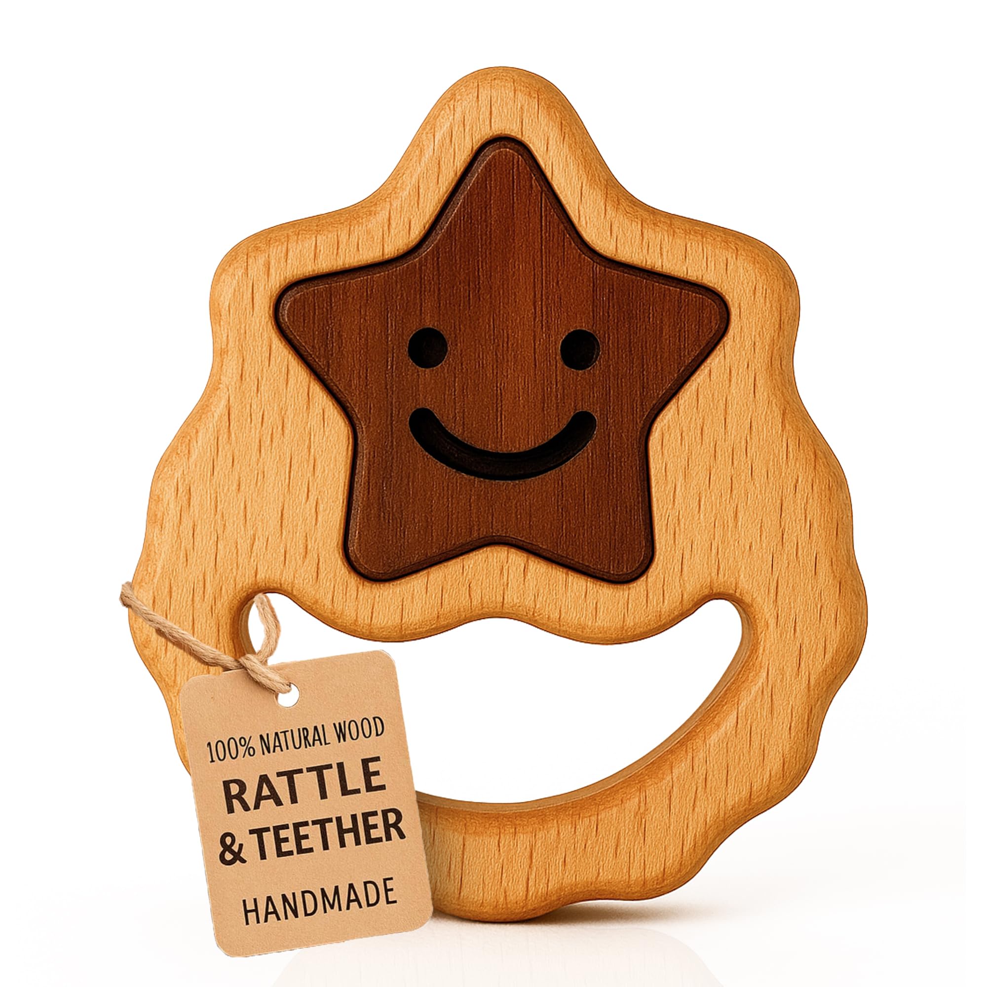 HIPPO TOYS Montessori rattle closeup showing smooth beechwood texture for sensory exploration