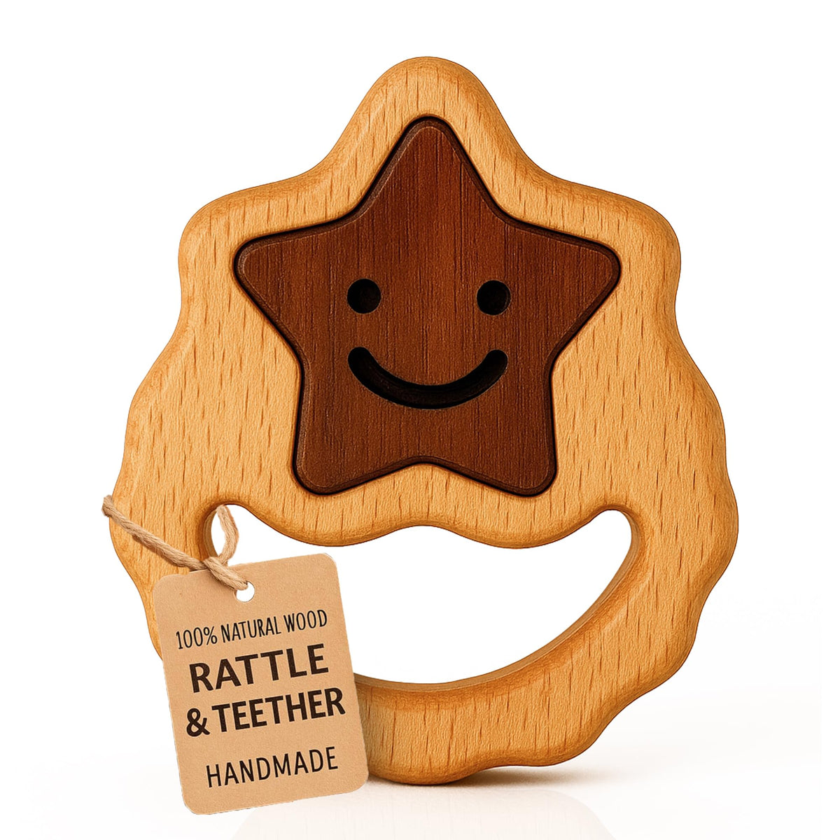 HIPPO TOYS Montessori rattle closeup showing smooth beechwood texture for sensory exploration