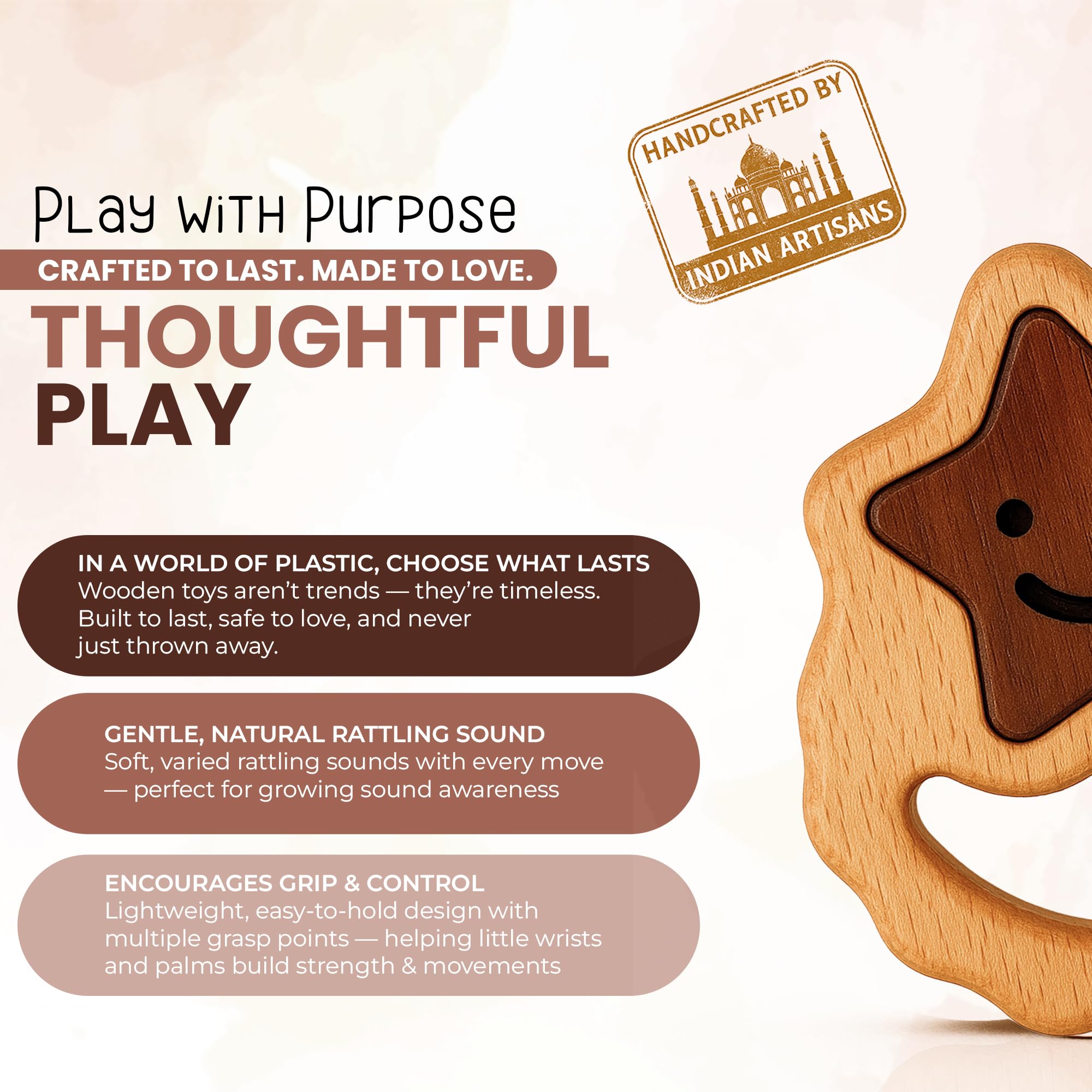 HIPPO TOYS Montessori rattle sensory-wood texture used during exploration