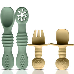 HippoBaby 4pc silicone set closeup shows green-yellow spoons and fork for gentle self-feeding