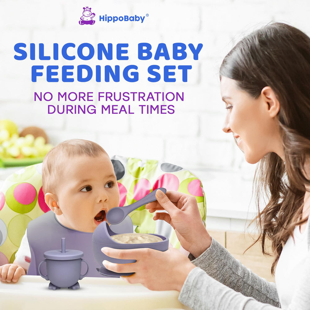 HippoBaby adjustable bib with food catcher keeps clothes clean during meals.
