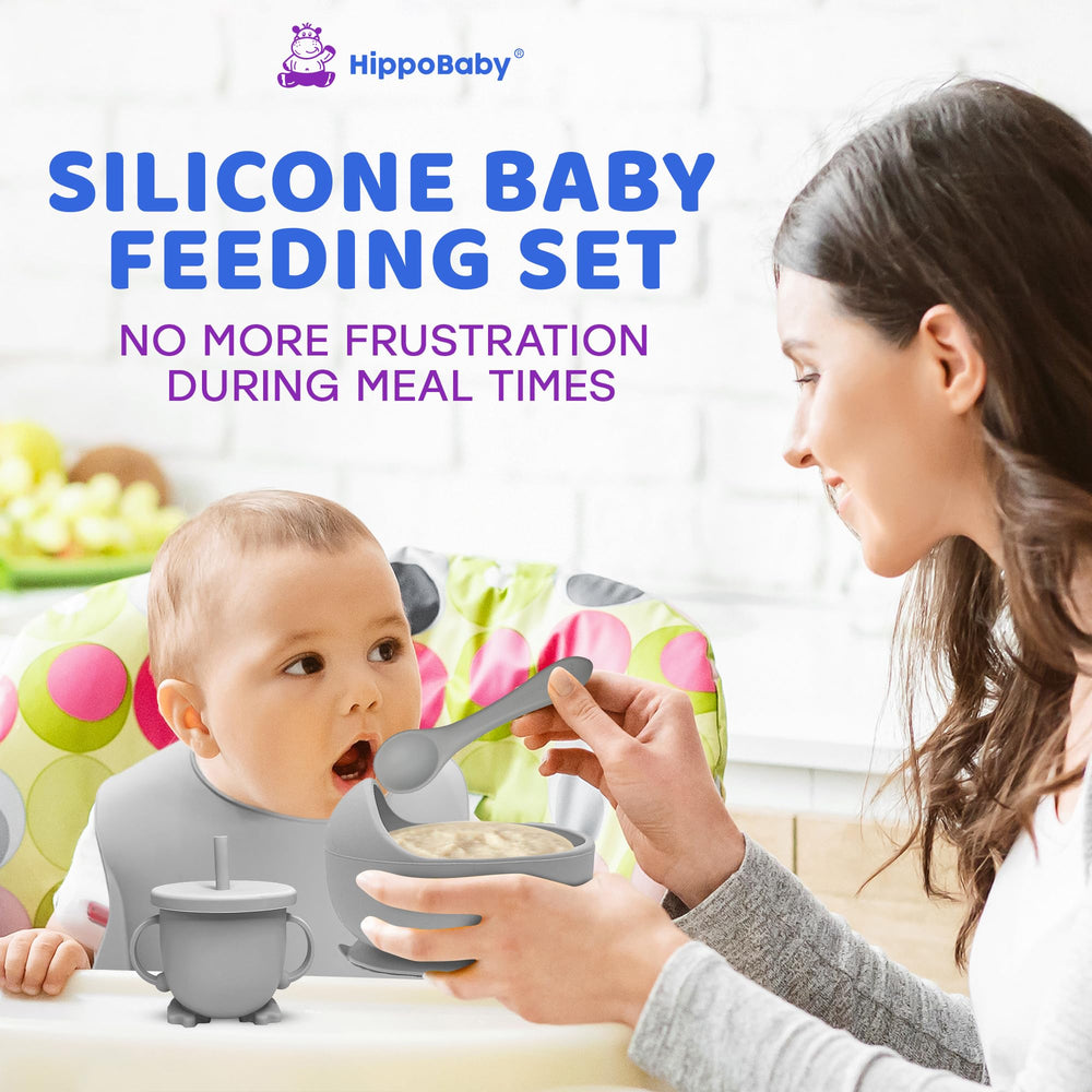 HippoBaby adjustable bib with food catcher protects clothing during meals.