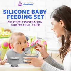 HippoBaby adjustable bib with food catcher protects clothing during meals.