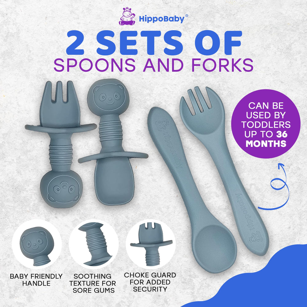 HippoBaby feeding fork with safety guard supports early self-feeding.