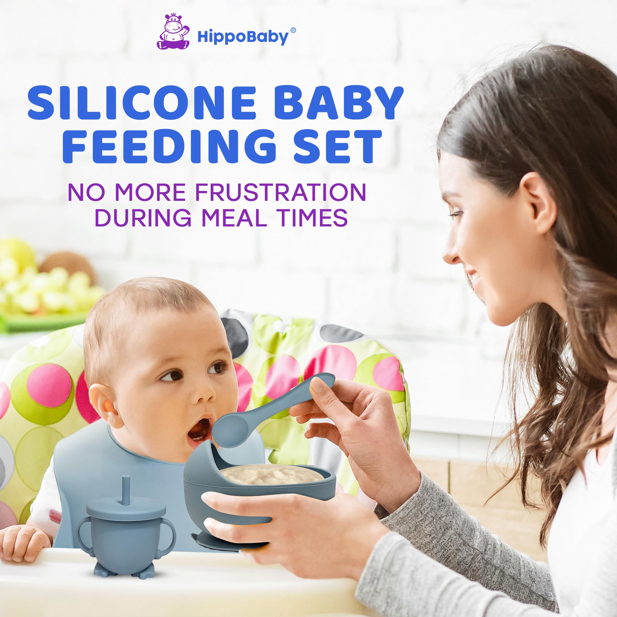HippoBaby suction bowl sticks to smooth surfaces to reduce spills.