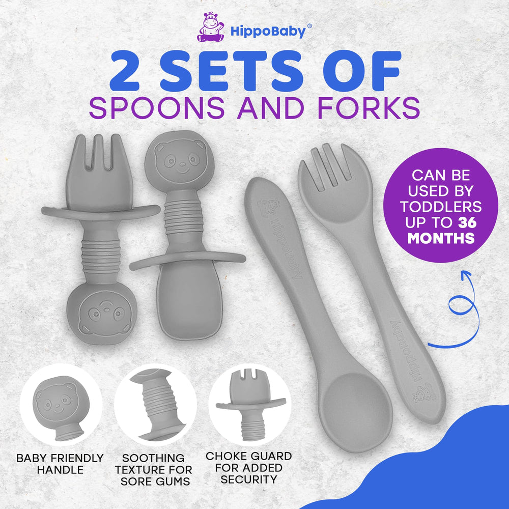 HippoBaby baby spoon with ergonomic grip for early self-feeding.