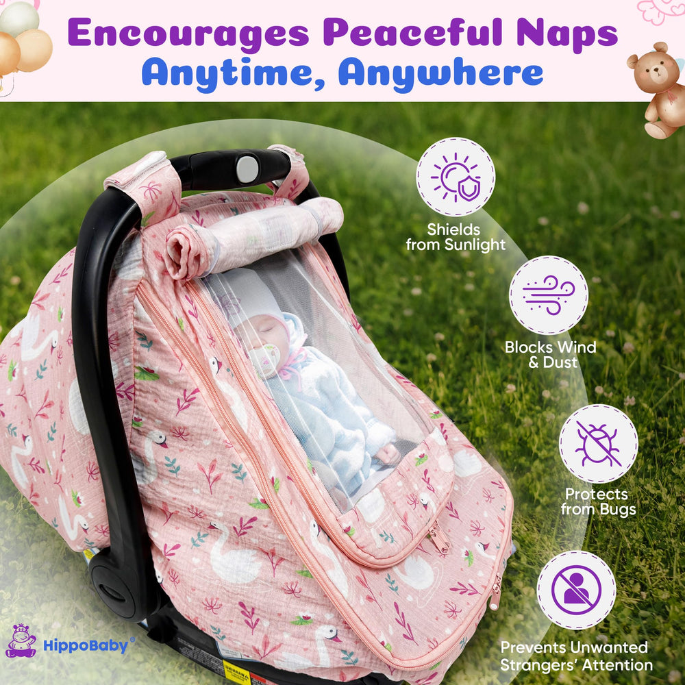 HippoBaby car seat cover peekaboo window keeps baby in view while shaded.