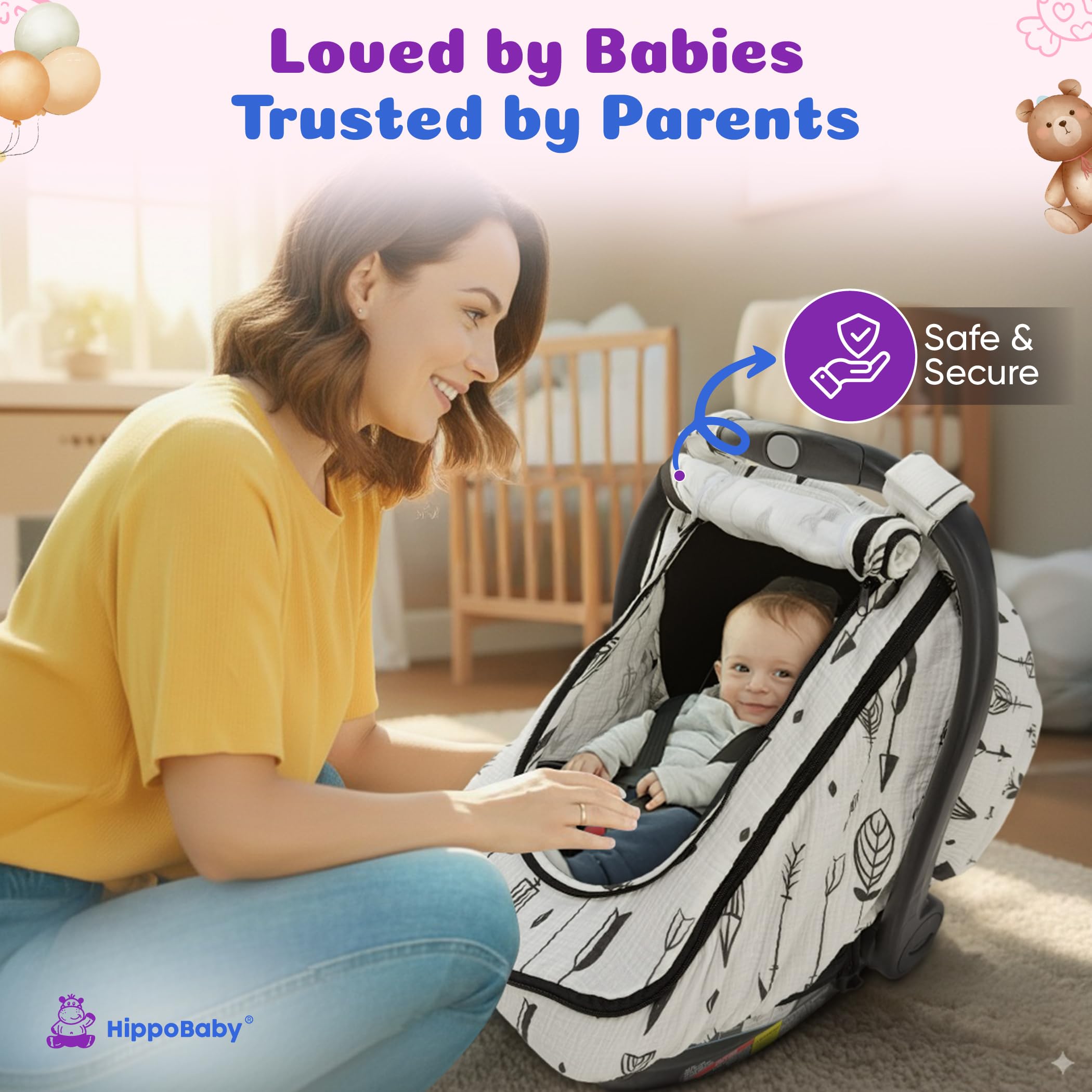 HippoBaby car seat cover sun shade canopy provides UPF 50+ protection and visibility.