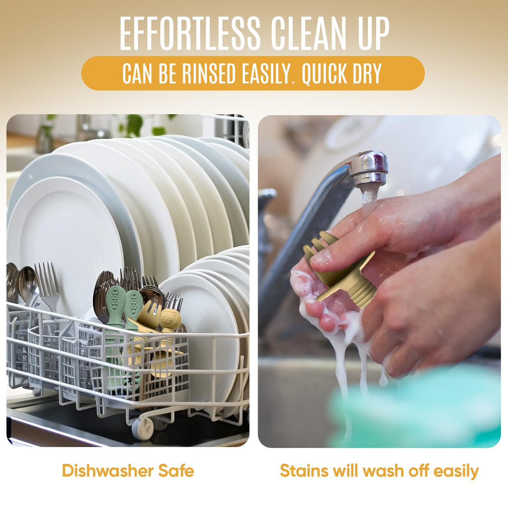 HippoBaby dishwasher-safe silicone set closeup for quick, stain-free cleaning
