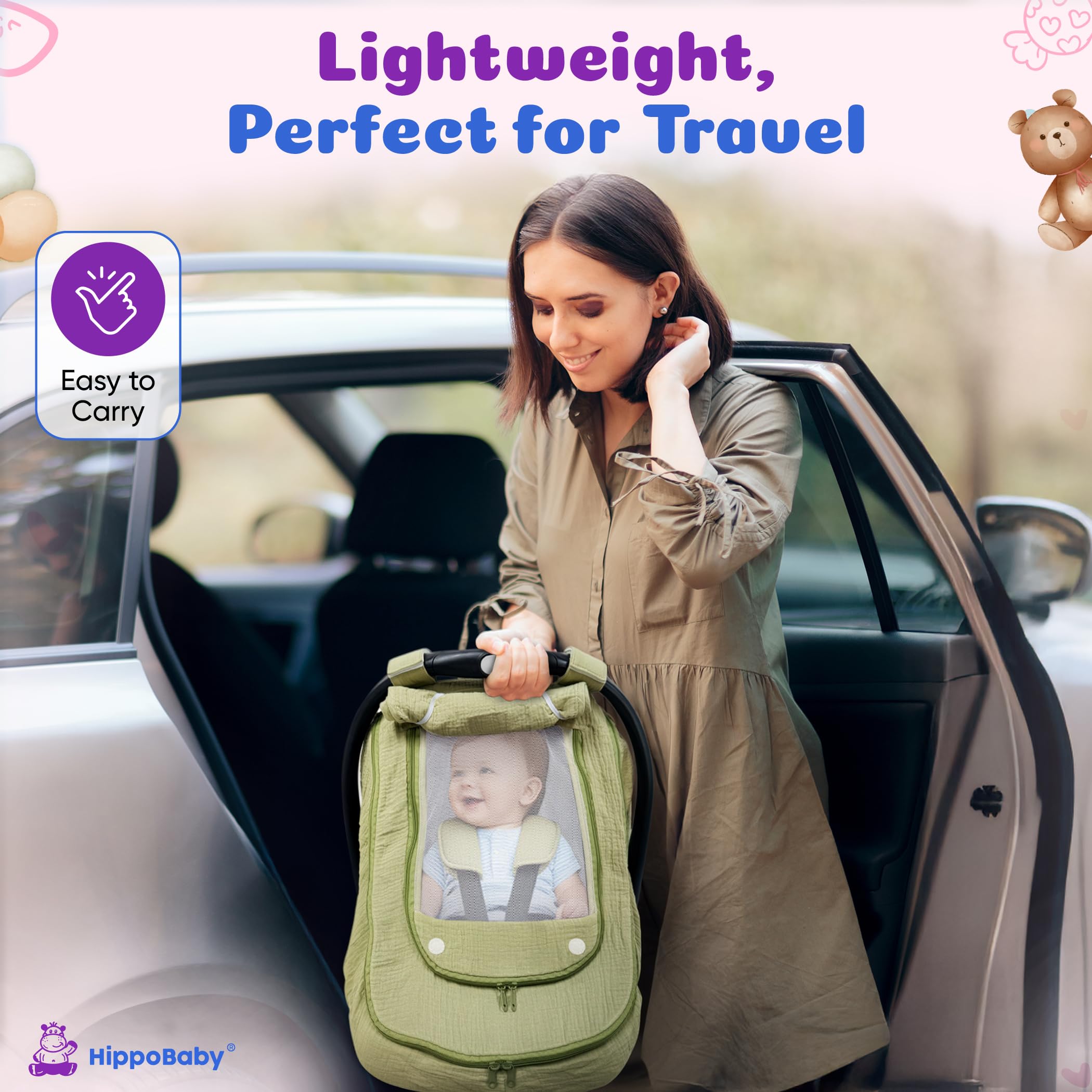 HippoBaby full-coverage canopy shields from sun with breathable fabric.
