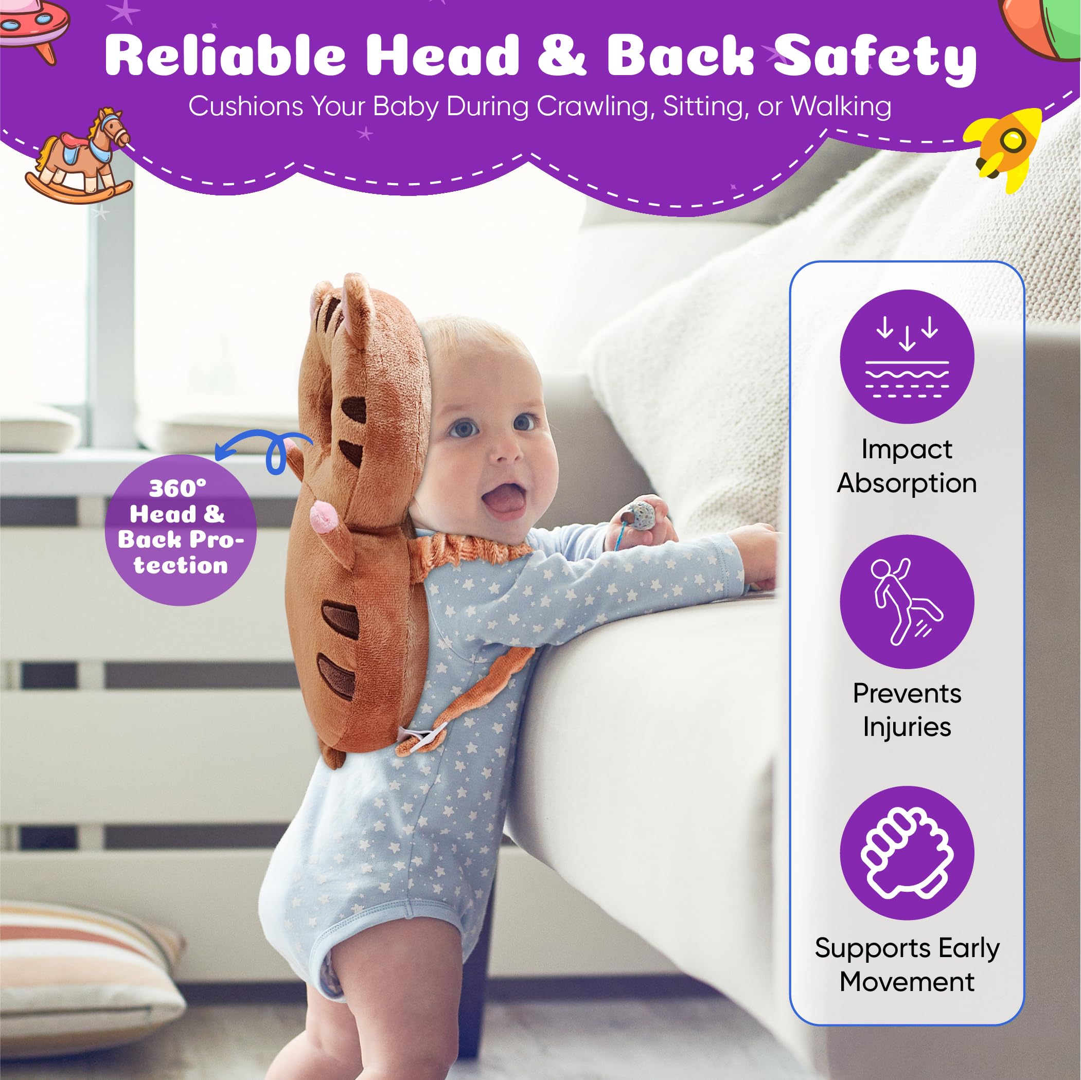 HippoBaby head protector backpack Blue Dragon adjustable straps provide secure, comfortable fit for active toddlers