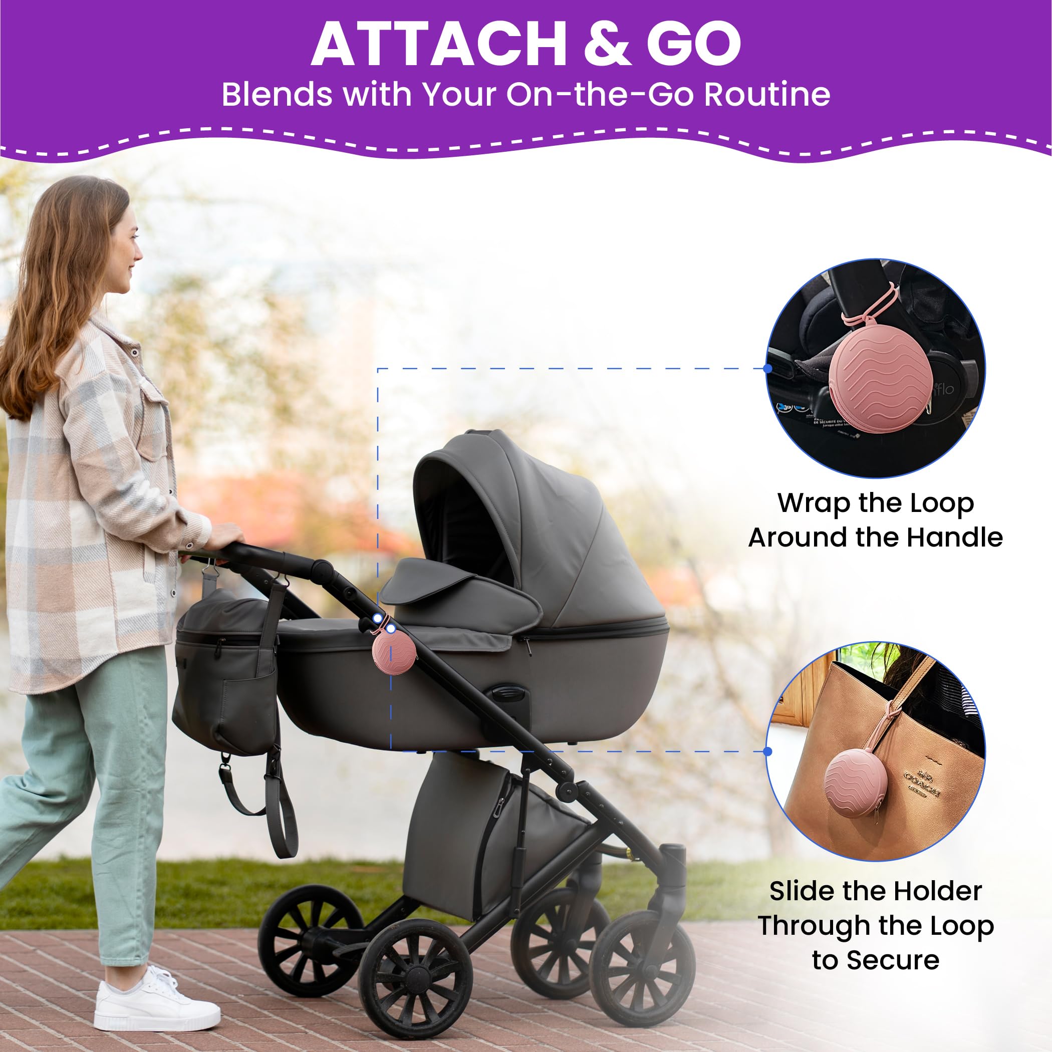 HippoBaby pacifier case with loop handle attaches to bags for quick access.