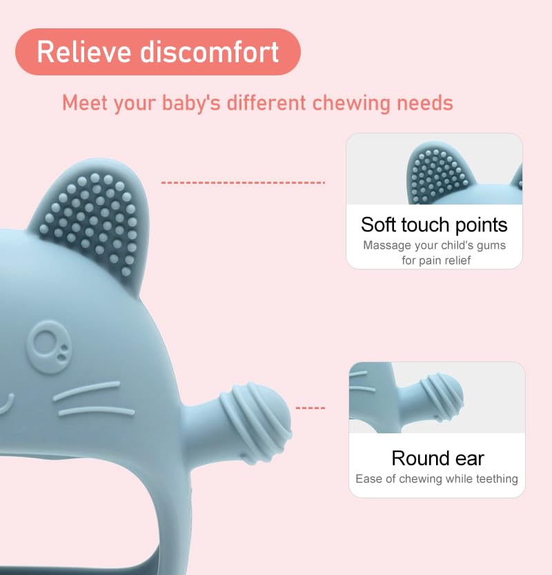 HippoBaby Rabbit Hand Guard Teether in hand illustrates easy grip for independent play