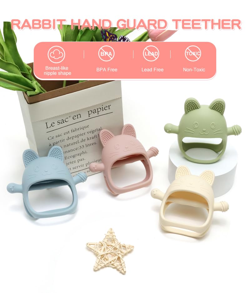 HippoBaby Rabbit Hand Guard Teether green closeup demonstrates soothing textures