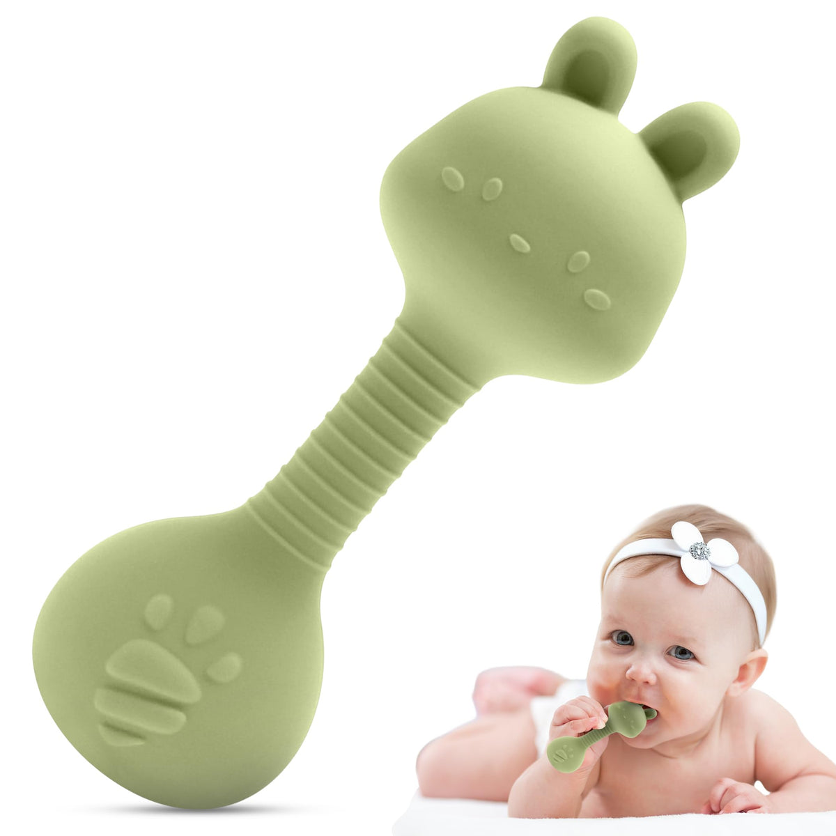 HippoBaby silicone rattle teether rabbit green close-up showing safe textured chewing surface for soothing gums