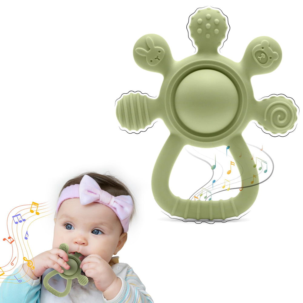 HippoBaby silicone rattle teether Rudder Green close-up showing soothing textured surfaces for teething.
