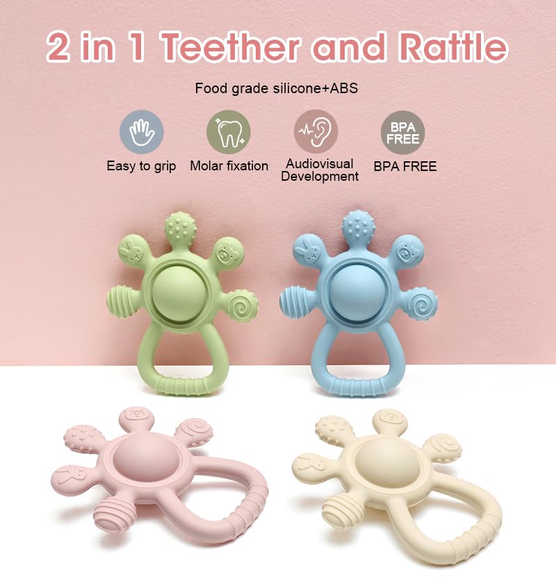 HippoBaby silicone rattle-teether combo illustrates built-in sound for engaging play.