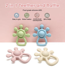HippoBaby silicone rattle-teether combo illustrates built-in sound for engaging play.