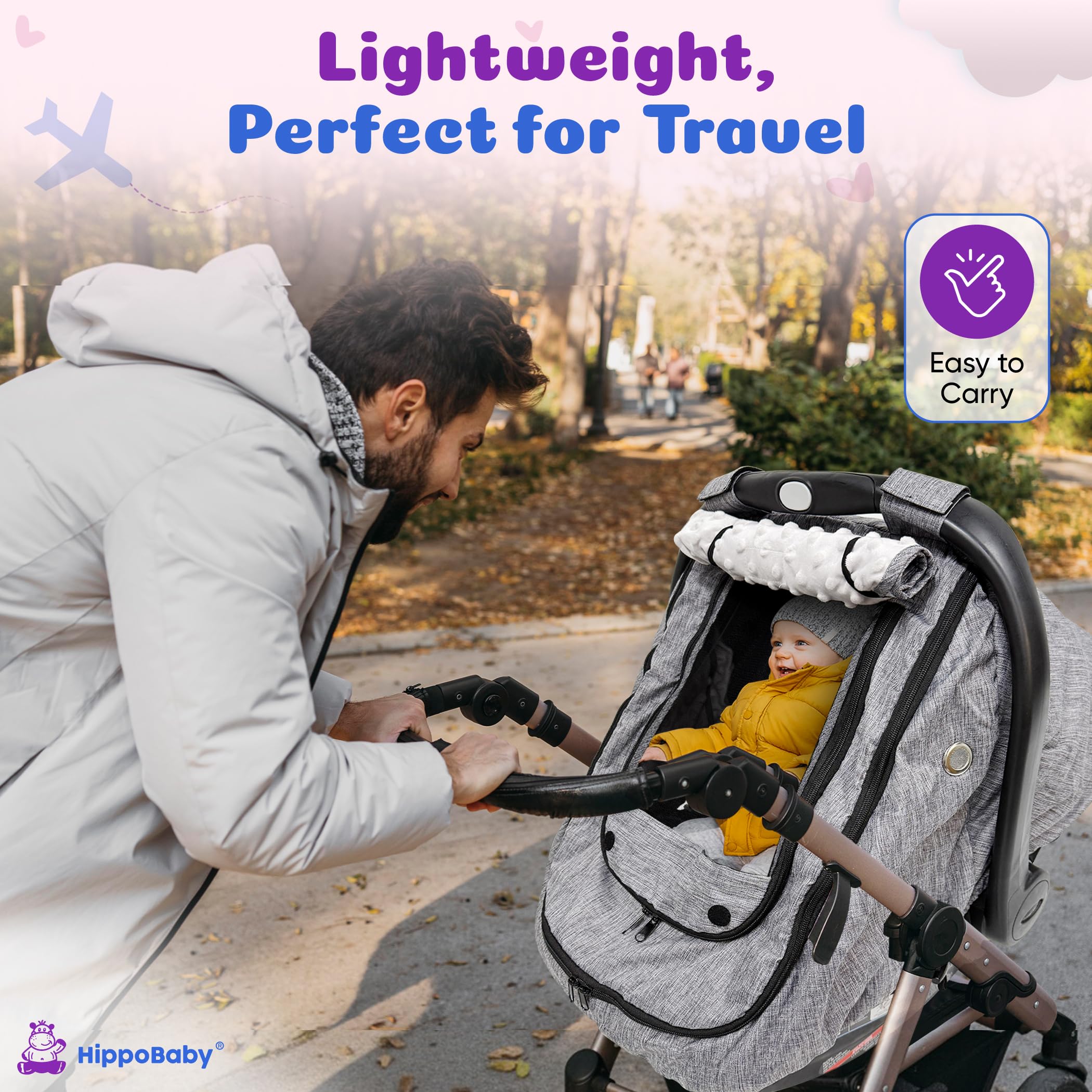 HippoBaby soft minky dot lining offers gentle skin comfort on long rides.