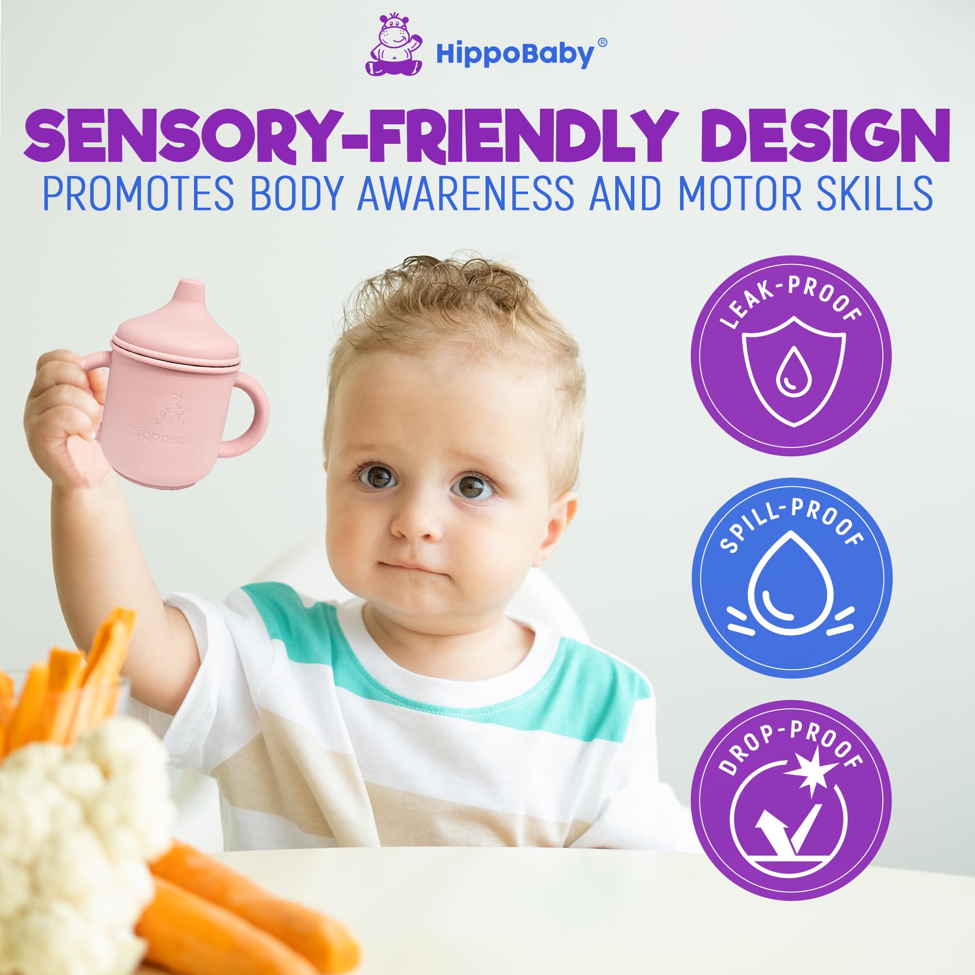 HippoBaby textured silicone surface offers sensory feedback during practice sipping