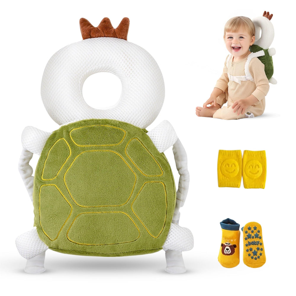 HippoBaby Turtle head protector backpack front view shows adjustable straps for secure, comfy wear