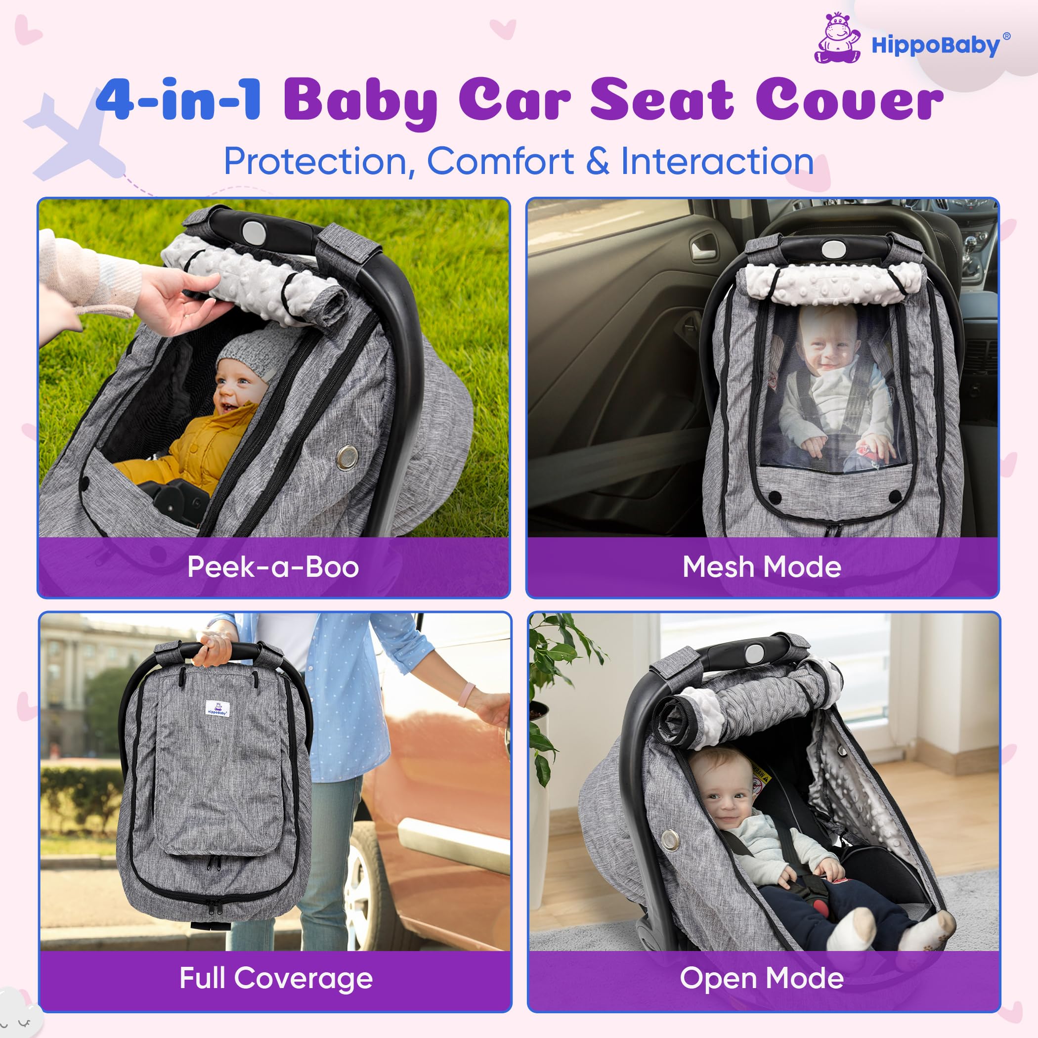 HippoBaby windproof design highlights protection against chilly gusts during commutes.