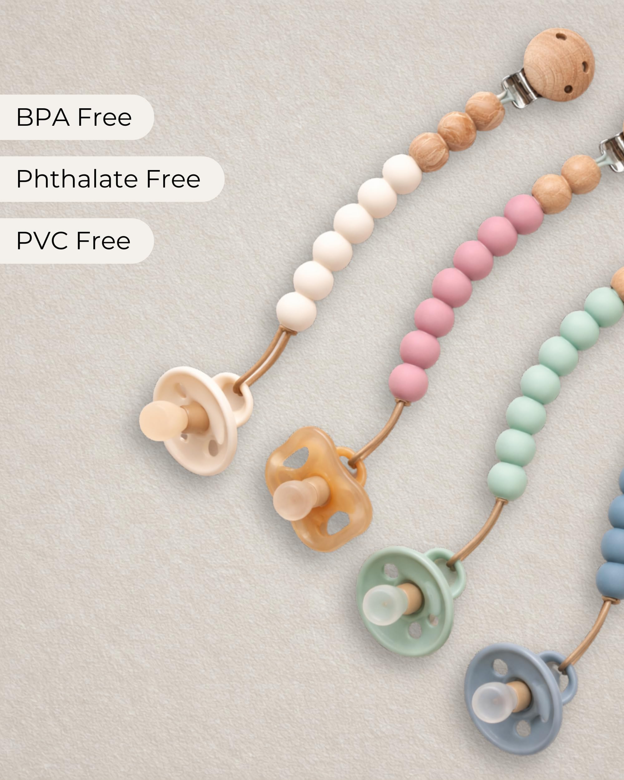 Hippypotamus pacifier clips come in four colorways Sand Rose Sage Stone.