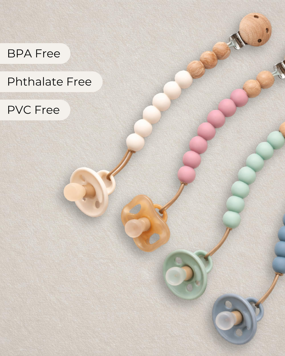 Hippypotamus pacifier clips come in four colorways Sand Rose Sage Stone.