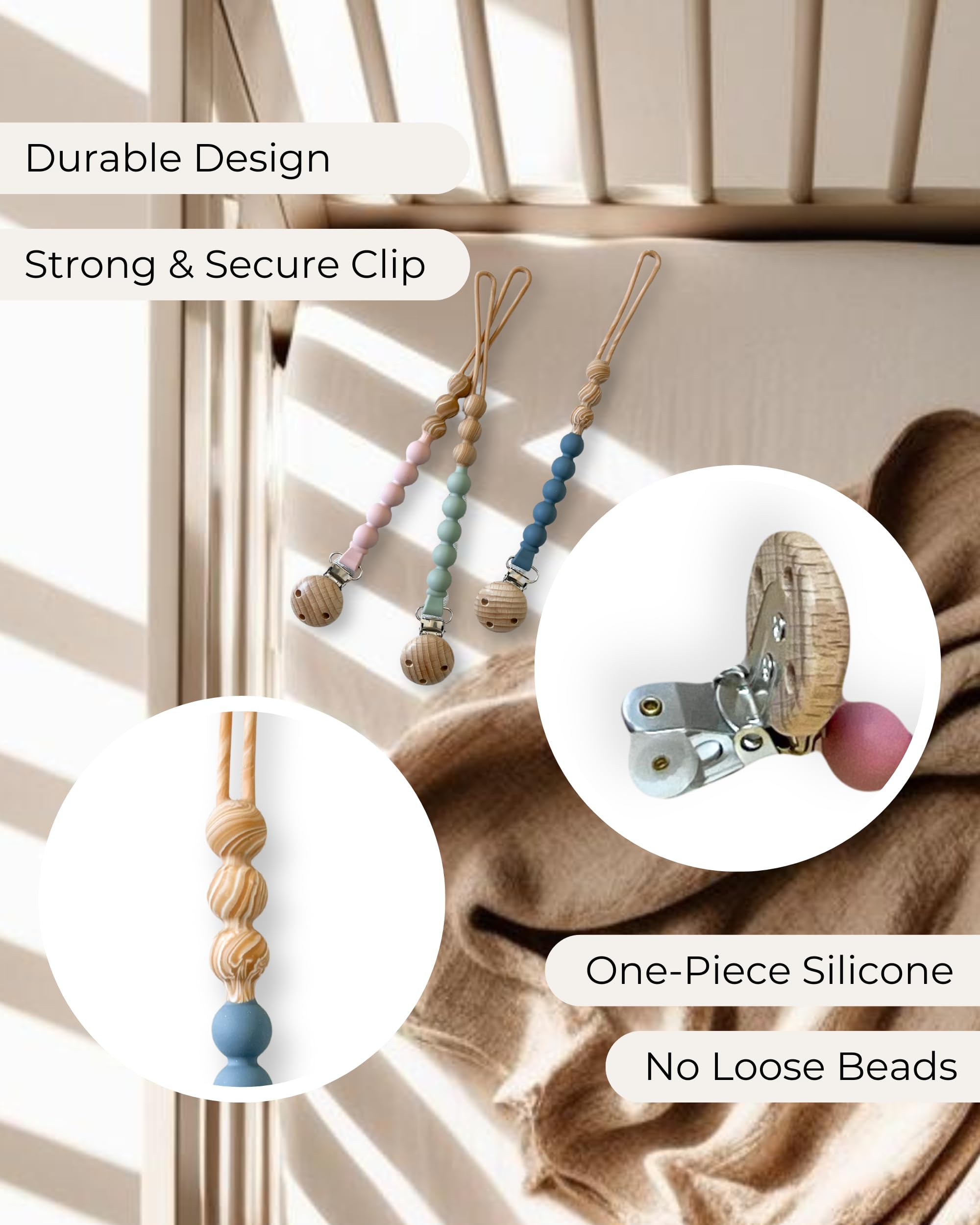 Hippypotamus pacifier clips feature soft silicone beads gentle on gums during teething.