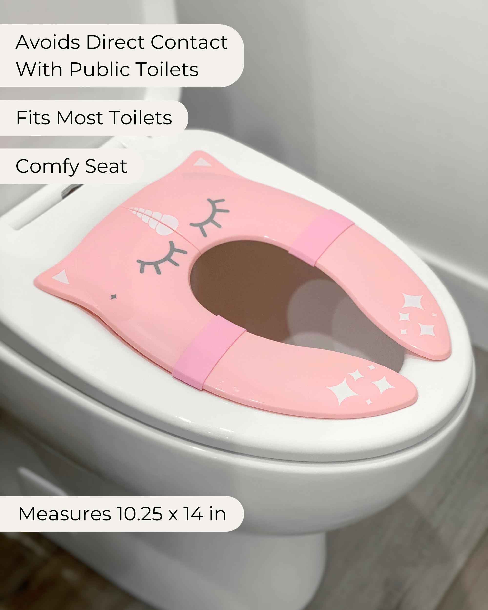 Hippypotamus pink unicorn design potty seat cover adds toddler comfort.