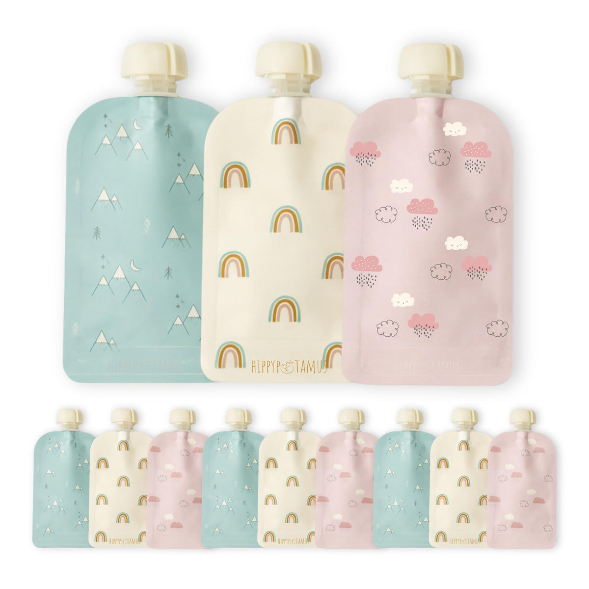 Hippypotamus Rainbows reusable pouch with open window for easy filling and monitoring
