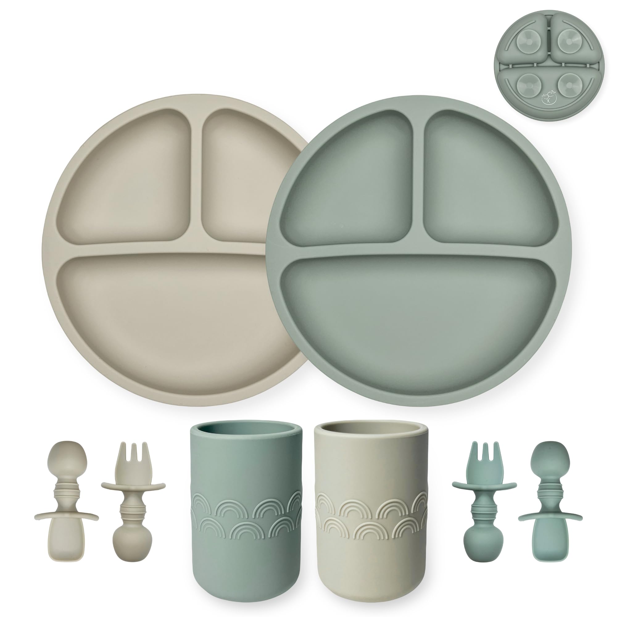 Hippypotamus silicone baby feeding set with suction plates prevents mess during meals.