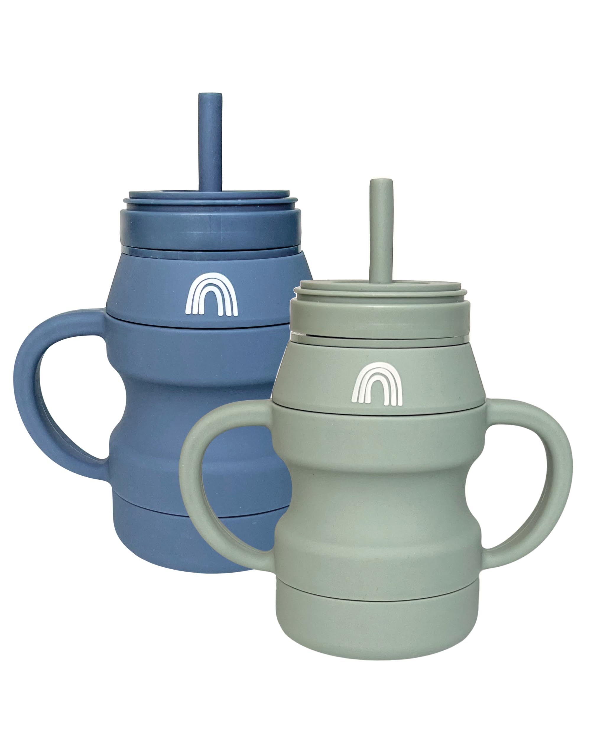 Hippypotamus silicone transition cups Sage and Fog set front view for mess-free toddler sipping