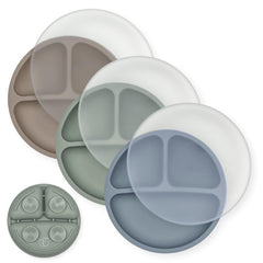 Hippypotamus toddler plates suction set in Fog Sage Taupe prevents spills during meals.